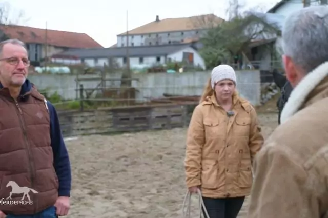 Im Rahmen der Vox-Doku die Pferdeprofis stehen der Tierarzt, die Besitzerin und der Trainer im Roundpen und beratschlagen sich. Bild aus die Pferdeprofis, Toni (Staffel 10, Folge 8)