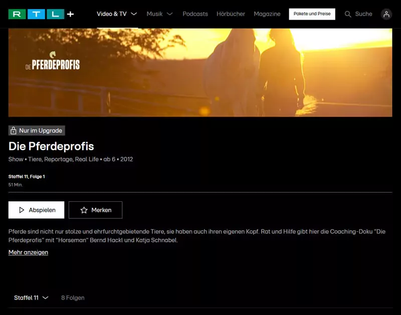 Screenshot der RTL Webseite zur Auswahl der Staffel Die Pferdeprofis Screenshot der RTL Webseite zur Auswahl der Staffel Die Pferdeprofis